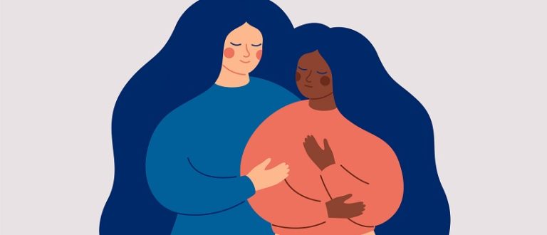 Friends Support Concept. A white woman comforts her best friend who in stress and depression. A black girl is in a difficult situation and needs help